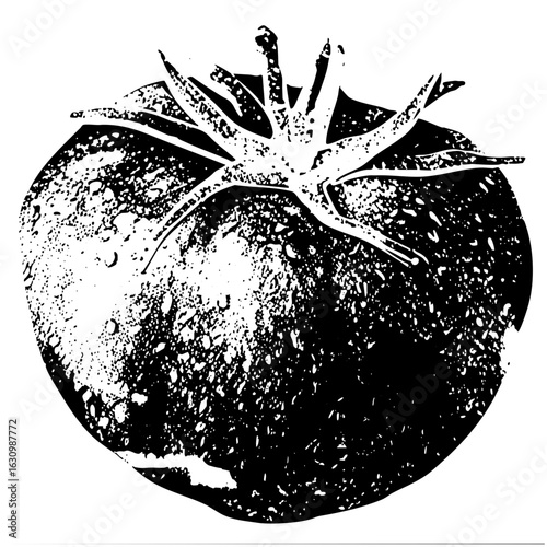 Vector Detailed vector of a ripe tomato with stem and leaves.