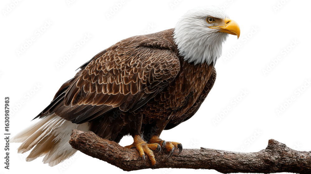 Fototapeta premium Majestic Bald Eagle in Perch: A powerful bald eagle, perched regally upon a weathered branch, surveys the landscape with piercing eyes.