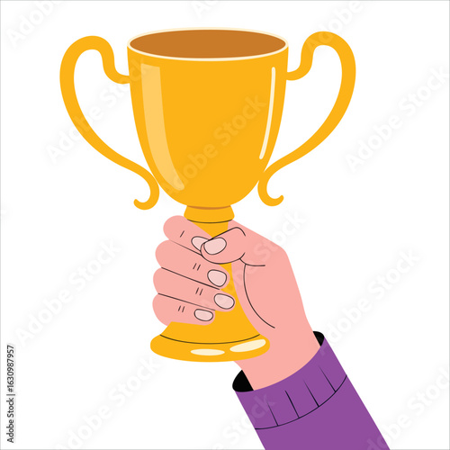 Hand holding a golden trophy flat vector illustration representing success and achievement concepts. Isolated on white background for motivational designs.