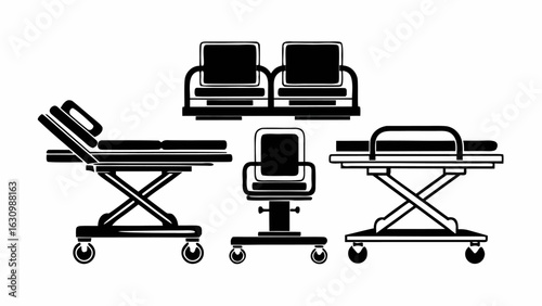 Illustration of medical furniture including waiting room chairs and hospital stretchers on wheels in black silhouette