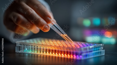 A scientist carefully conducts research using pipettes to fill a transparent microplate with colorful liquids,