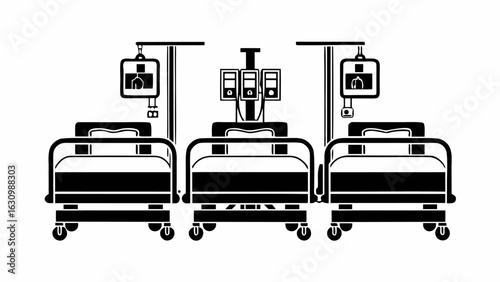 Illustration of three hospital beds with iv drips and monitors in a black and white medical setting scene silhouette