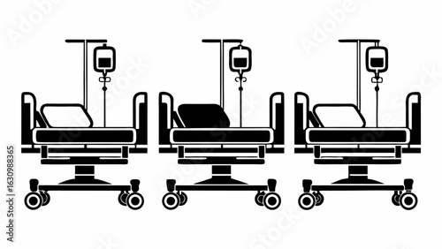 Three hospital beds with iv drip stands in black and white medical equipment for patient care and recovery silhouette
