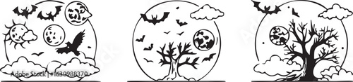 Black line art vector scenes with full moons bats and trees night