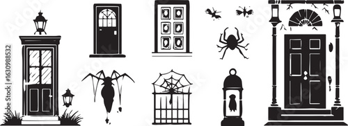 Black silhouette spooky doors creepy knockers lanterns and spiders halloween