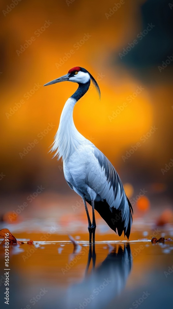 Naklejka premium Elegant crane standing by a tranquil water surface