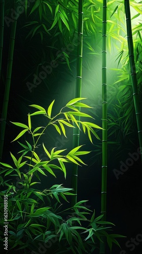 Lush bamboo forest with sunlight filtering through leaves