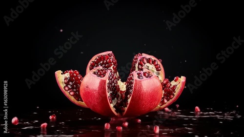 A detailed close-up shot of a pomegranate bursting open with juice and seeds.