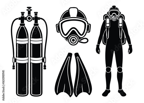 Vector illustration of scuba diving gear including oxygen tanks mask fins and a diver silhouette