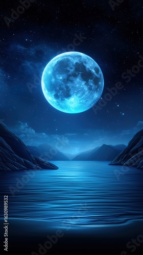 Serene moonlit landscape over tranquil waters