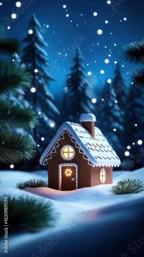 Charming gingerbread house in a snowy winter landscape