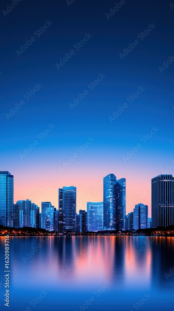 Fototapeta premium Stunning skyline at twilight reflecting on calm waters