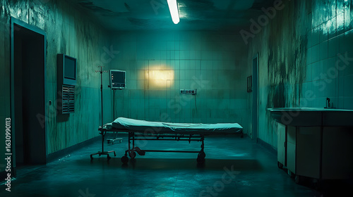 un cuarto o habitacion clandestino de un hospital viejo y abandonado con una camilla sucia y de miedo 