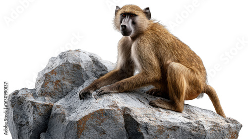Baboon on Rock: A captivating image of a baboon perched atop a rugged rock, exhibiting its keen gaze. The photo captures the essence of wildlife and natural beauty.