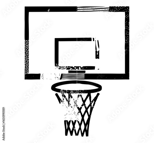 Vector Monochrome basketball hoop with net detail.