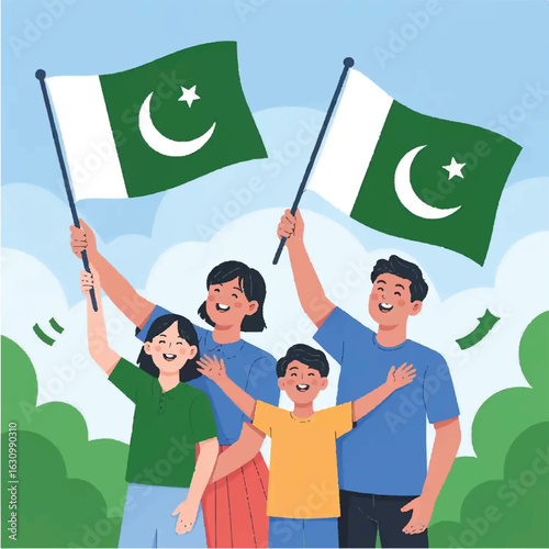 Illustration of a Family Raising Pakistan Flags Outdoors on 14th August with Joyful Expressions and Sky Background