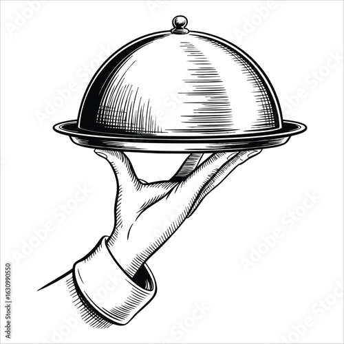 Hand holding tray with lid engraved retro restaurant service brunch or dinner dishes sketch vector illustration perfect for restaurant menu and cafe design