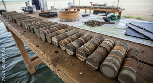 Soil Core Samples on Wooden Table for Geological and Environmental Research