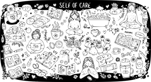 Self-Care Doodle Art: A Whimsical Collection of Relaxation  Wellbeing Elements in Black  White