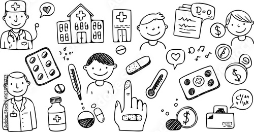 Medical Doodle Collection: Healthcare, Treatment, and Well-being in Hand-Drawn Style
