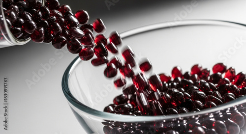 Close-Up of Red Gel Capsules Being Poured into a Glass Bowl on White Background