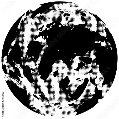 Vector Stylized globe with halftone dots depicts continents and oceans.