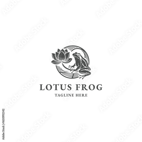 Lotus frog logo engraving design vector artwork illustration
