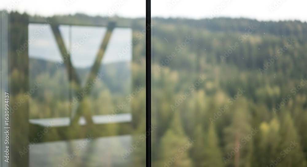 Fototapeta premium Blurred scenery of trees viewed through windows with structural reflections reflecting a forest