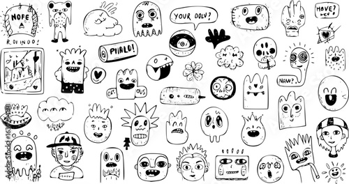 A playful collection of hand-drawn black and white doodle art featuring a variety of quirky cartoon monsters, whimsical creatures, abstract shapes, and unique character illustrations.
