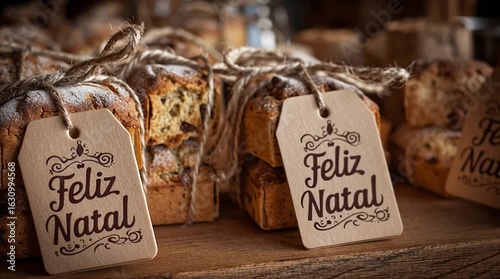 Close up of christmas cakes wrapped with twine and a tag that says feliz natal on a wooden surface