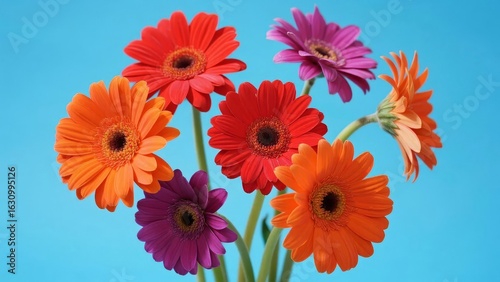 Vibrant Gerbera Daisies in a Bouquet Against a Blue Background