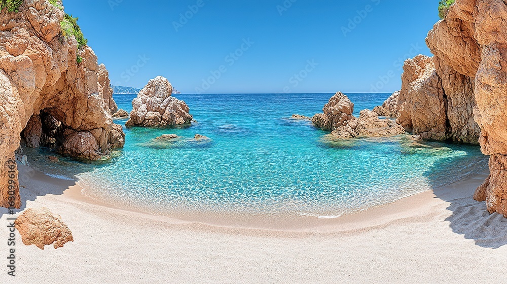 Fototapeta premium Sandy beach with clear turquoise water surrounded by rocky cliffs under blue sky.