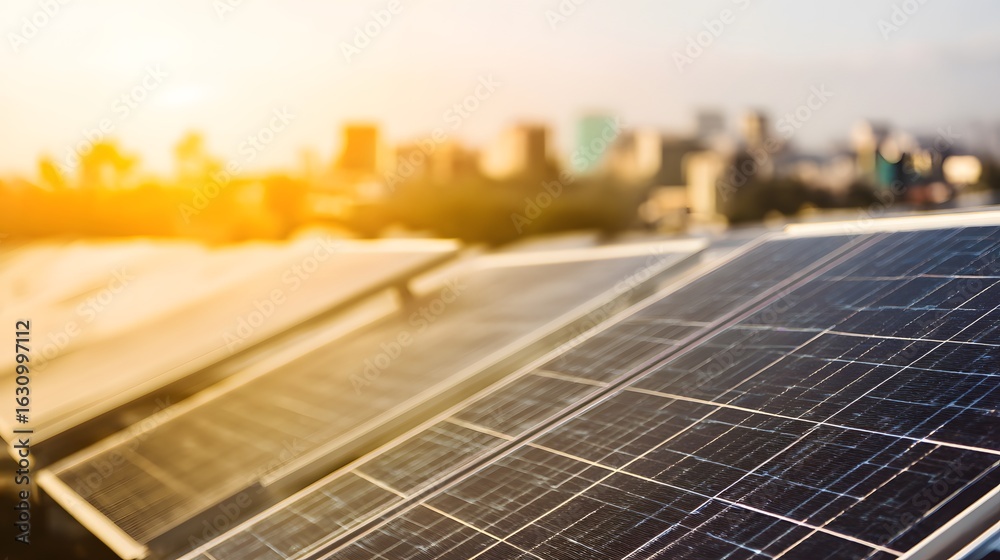 Fototapeta premium Solar panel array under blue sky, capturing renewable energy concept with golden hour sunlight.