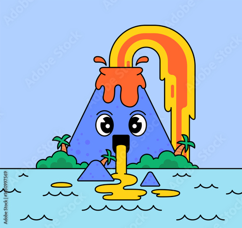 Volcano character erupting lava with expressive eyes and tropical island background cartoon illustration vector hand drawn for childrens content, stickers, or fantasy-themed designs.