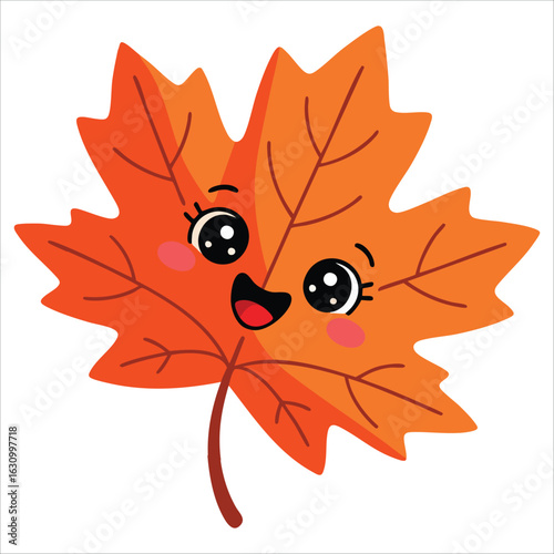 Happy cartoon maple leaf icon with smiling face, flat kawaii vector illustration for autumn visuals, seasonal decor and cheerful character designs
