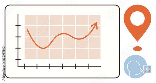 Line graph with upward trend on grid, geolocation marker, and user communication icon. Ideal for growth, strategy, analytics, user interaction, navigation communication success. Simple flat