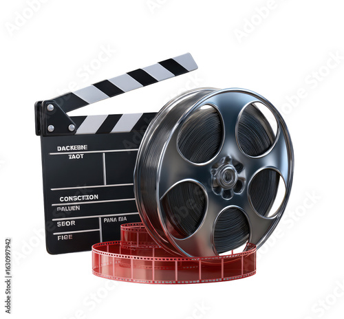 Film clapperboard, movie reel, and filmstrip