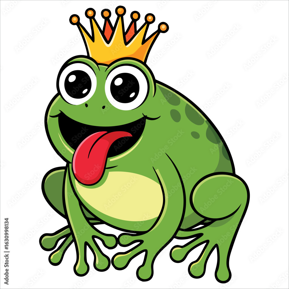 Fototapeta premium Happy frog prince cartoon character illustration. Vector design ideal for fairy tale, royalty, and children themed projects with a cheerful vibe.
