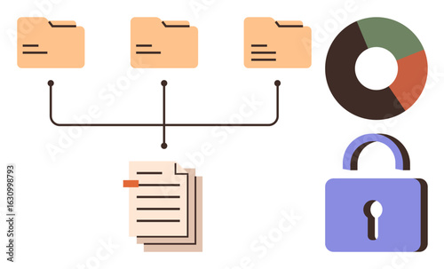 Three file folders connected to documents, a pie chart, and a padlock. Ideal for data management, cybersecurity, file organization, analytics, digital privacy, secure systems and a simple landing
