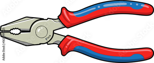 Detailed Cartoon Pliers with Red and Blue Handles, Ready for Work