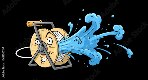 Mischievous Hose Reel Cartoon Character Spouting Water