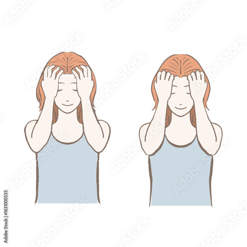 ヘッドマッサージをする女性の手描きイラスト