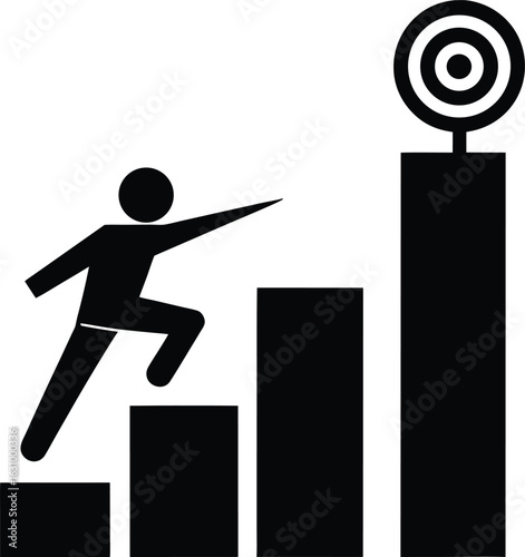 Silhouette of person running up progress bar stairs isolated on transparent background
