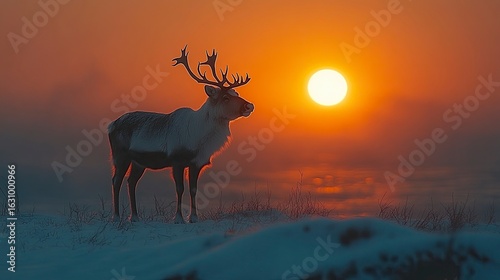 Silhouetted Reindeer Against Midnight Sun at Dusk in Winter Landscape