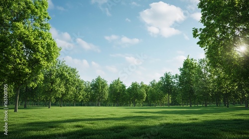 Serene Green Meadow Landscape with Trees and Blue Sky with Clouds