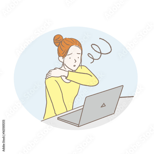 パソコンを使って肩こりに悩まされる女性のイラスト