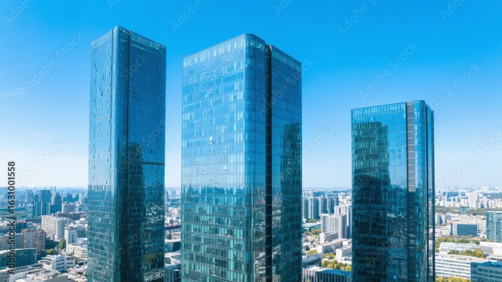 Obraz premium Modern glass skyscrapers towering over an urban landscape under a clear blue sky