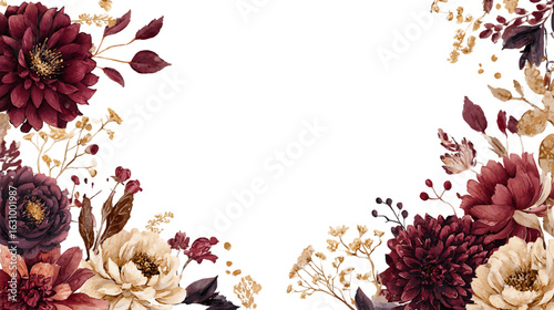 Dark red and beige flowers arranged in a corner border on a transparent background. Watercolor style, PNG