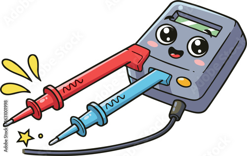 Adorable Cartoon Multimeter with Probes and Expressive Kawaii Face