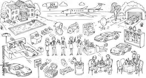 Wealthy Lifestyle Sketch: Private Jet, Luxury Cars, Mansion, and High-End Experiences
